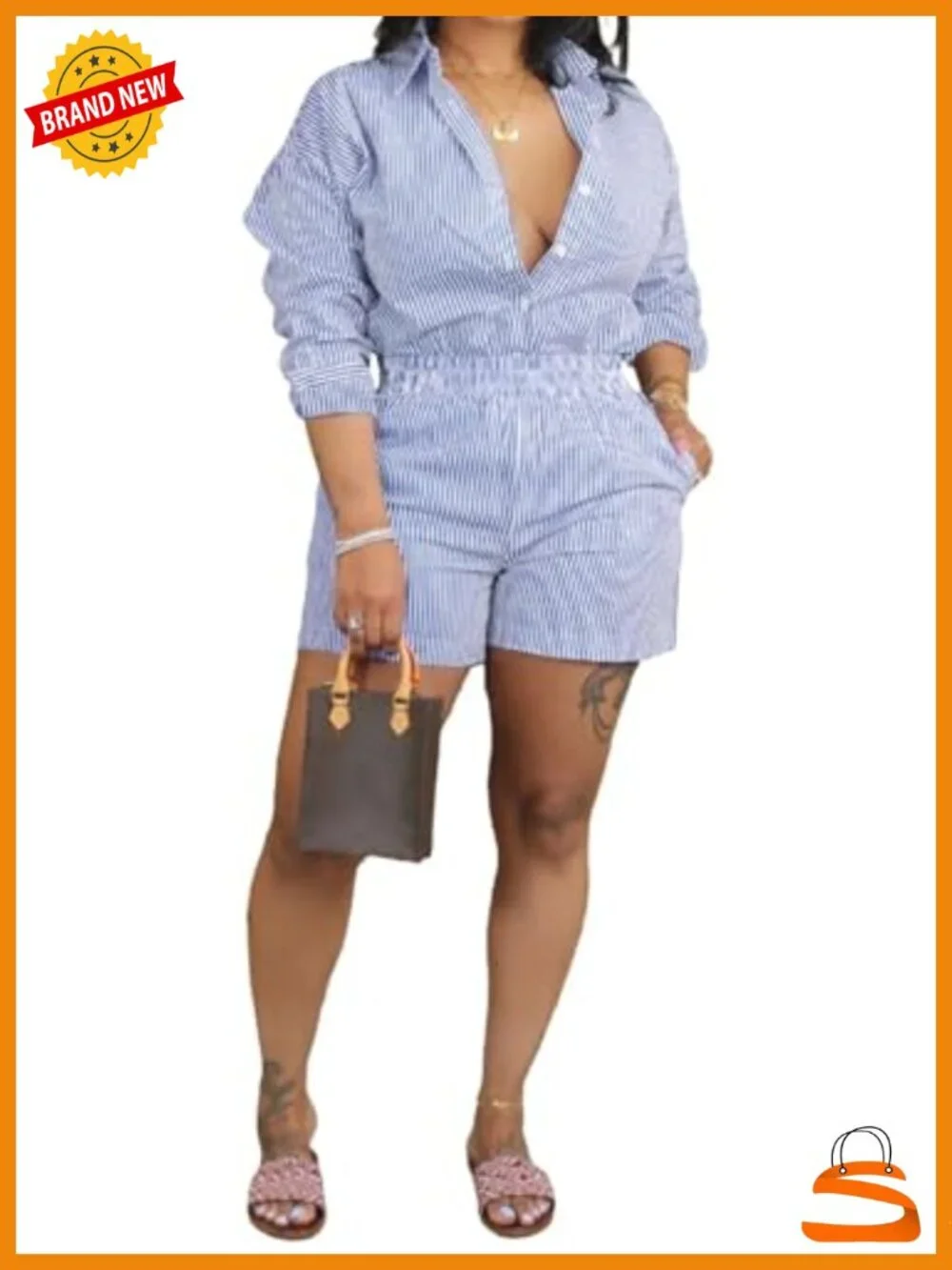 Striped Long Sleeve Button Down Shirt and Shorts Set Lounge Matching Sets